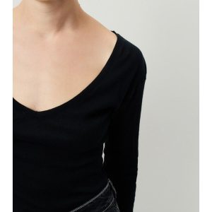 American Vintage Camiseta de manga larga con cuello de pico MASSACHUSETTS. Talla M. Color Negro