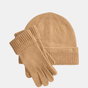 Lauren Ralph Lauren - Conjunto de mujer de gorro y guantes de punto con logo LRL..